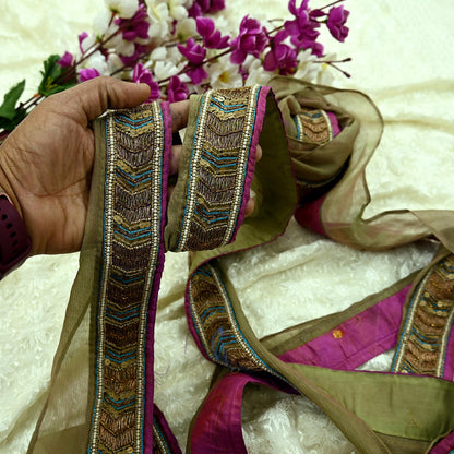 Indian Vintage Green Sari Border Hand Embroidered Craft Trim 1Yd Lace Sewing Sari Ribbon Pure silk  Zardozi/Dabka Zari