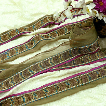 Indian Vintage Green Sari Border Hand Embroidered Craft Trim 1Yd Lace Sewing Sari Ribbon Pure silk  Zardozi/Dabka Zari