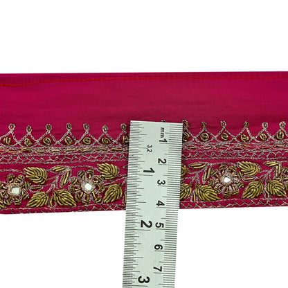 Indian Vintage Pink Sari Border Hand Embroidered Craft Trim 1Yd Lace Sewing Ribbon Pure Crepe silk  Zardozi/Dabka Zari