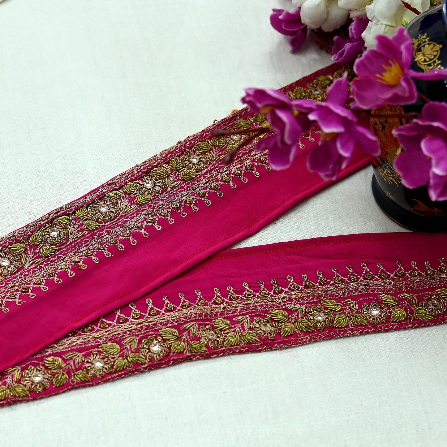 Indian Vintage Pink Sari Border Hand Embroidered Craft Trim 1Yd Lace Sewing Ribbon Pure Crepe silk  Zardozi/Dabka Zari
