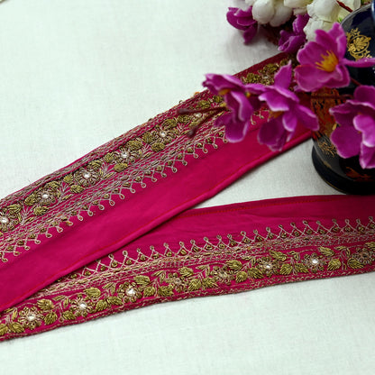 Indian Vintage Pink Sari Border Hand Embroidered Craft Trim 1Yd Lace Sewing Ribbon Pure Crepe silk  Zardozi/Dabka Zari