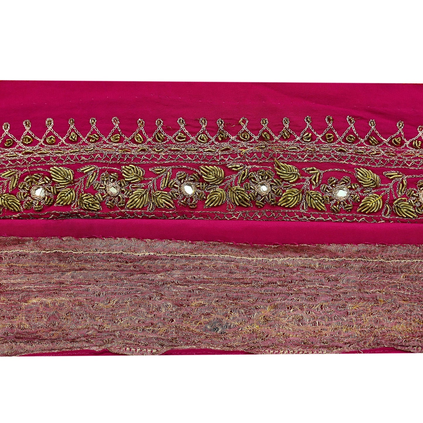 Indian Vintage Pink Sari Border Hand Embroidered Craft Trim 1Yd Lace Sewing Ribbon Pure Crepe silk  Zardozi/Dabka Zari