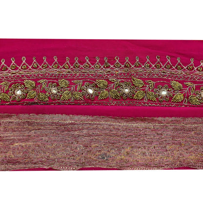 Indian Vintage Pink Sari Border Hand Embroidered Craft Trim 1Yd Lace Sewing Ribbon Pure Crepe silk  Zardozi/Dabka Zari