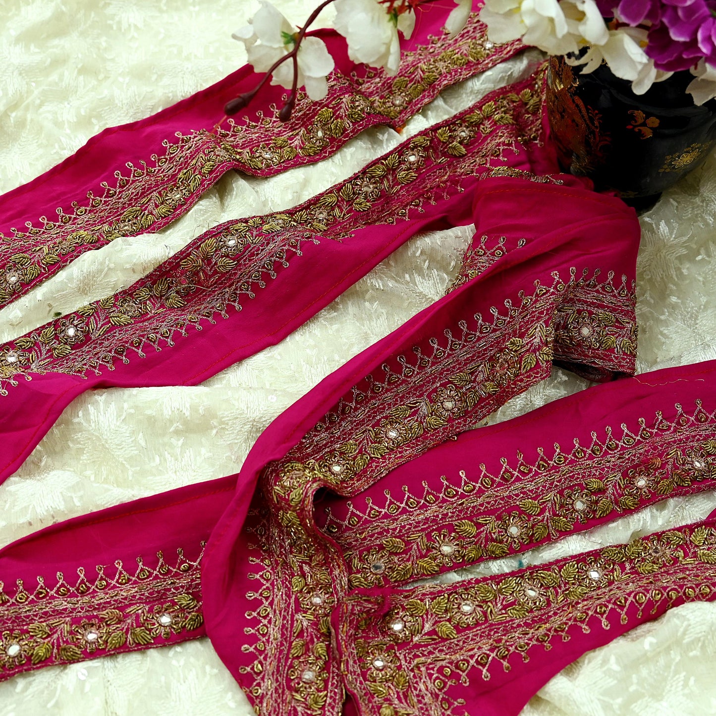 Indian Vintage Pink Sari Border Hand Embroidered Craft Trim 1Yd Lace Sewing Ribbon Pure Crepe silk  Zardozi/Dabka Zari