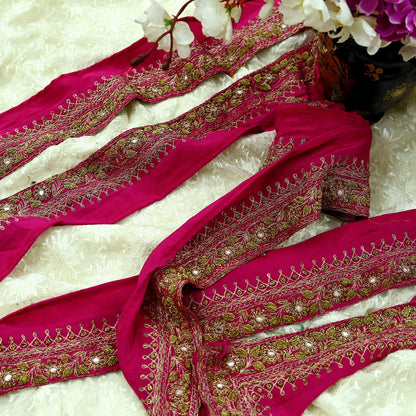 Indian Vintage Pink Sari Border Hand Embroidered Craft Trim 1Yd Lace Sewing Ribbon Pure Crepe silk  Zardozi/Dabka Zari