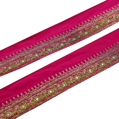 Indian Vintage Pink Sari Border Hand Embroidered Craft Trim 1Yd Lace Sewing Ribbon Pure Crepe silk  Zardozi/Dabka Zari