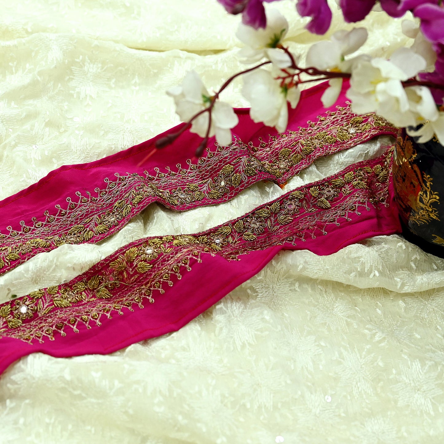 Indian Vintage Pink Sari Border Hand Embroidered Craft Trim 1Yd Lace Sewing Ribbon Pure Crepe silk  Zardozi/Dabka Zari