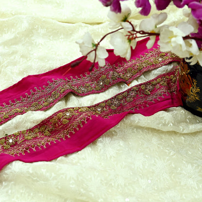 Indian Vintage Pink Sari Border Hand Embroidered Craft Trim 1Yd Lace Sewing Ribbon Pure Crepe silk  Zardozi/Dabka Zari