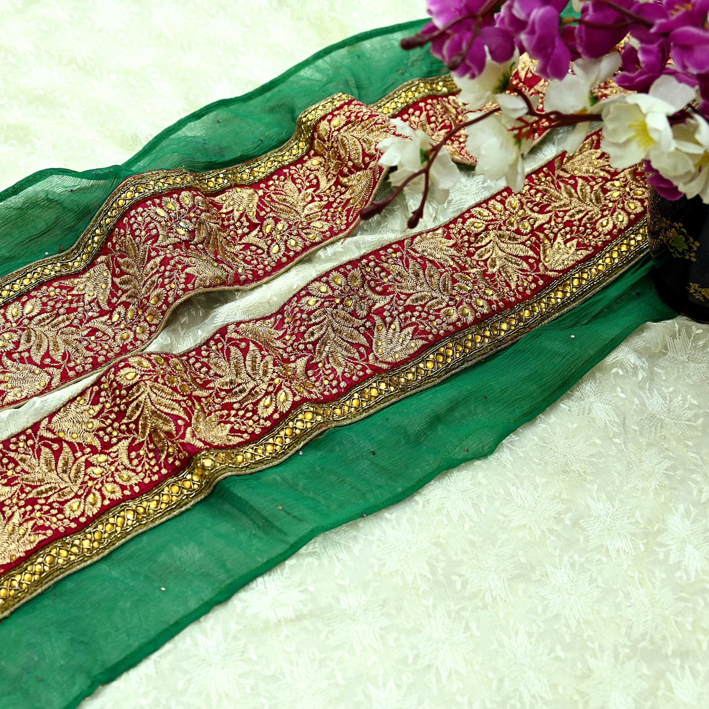 Indian Vintage Green & Maroon Sari Border Hand Embroidered Craft Trim 1Yd Lace Sewing Sari Ribbon Zardozi/Dabka Zari