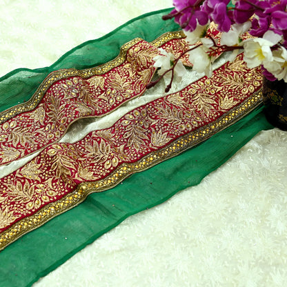 Indian Vintage Green & Maroon Sari Border Hand Embroidered Craft Trim 1Yd Lace Sewing Sari Ribbon Zardozi/Dabka Zari