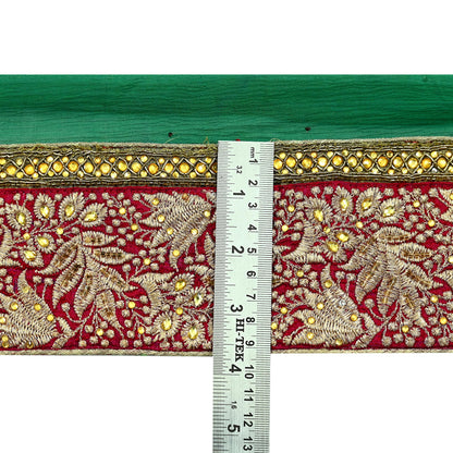 Indian Vintage Green & Maroon Sari Border Hand Embroidered Craft Trim 1Yd Lace Sewing Sari Ribbon Zardozi/Dabka Zari