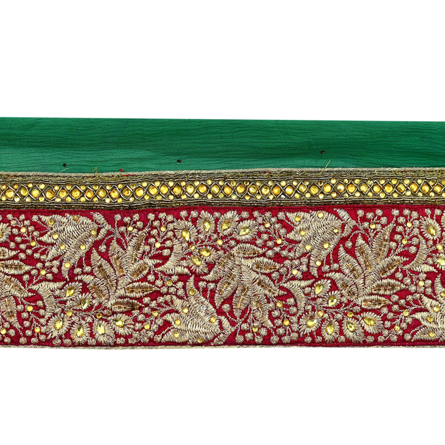 Indian Vintage Green & Maroon Sari Border Hand Embroidered Craft Trim 1Yd Lace Sewing Sari Ribbon Zardozi/Dabka Zari