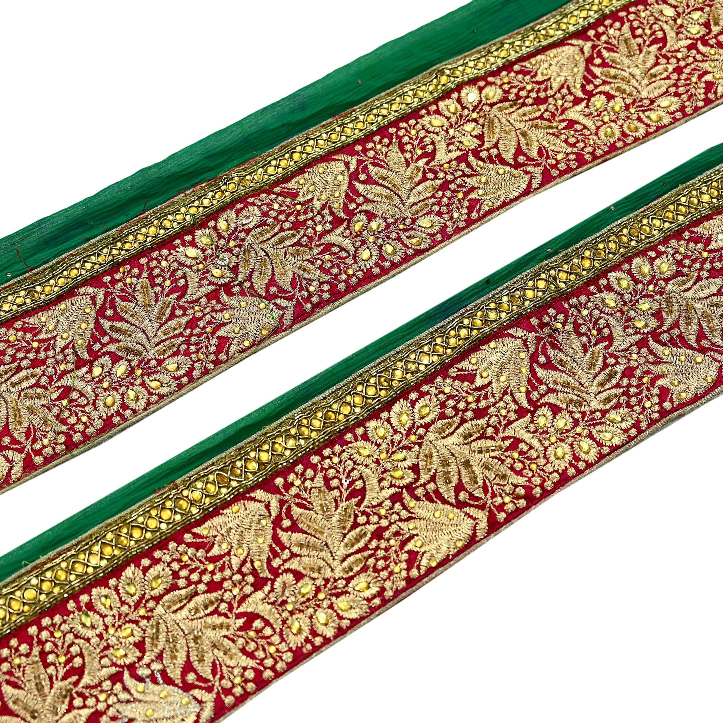 Indian Vintage Green & Maroon Sari Border Hand Embroidered Craft Trim 1Yd Lace Sewing Sari Ribbon Zardozi/Dabka Zari