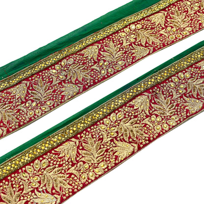 Indian Vintage Green & Maroon Sari Border Hand Embroidered Craft Trim 1Yd Lace Sewing Sari Ribbon Zardozi/Dabka Zari