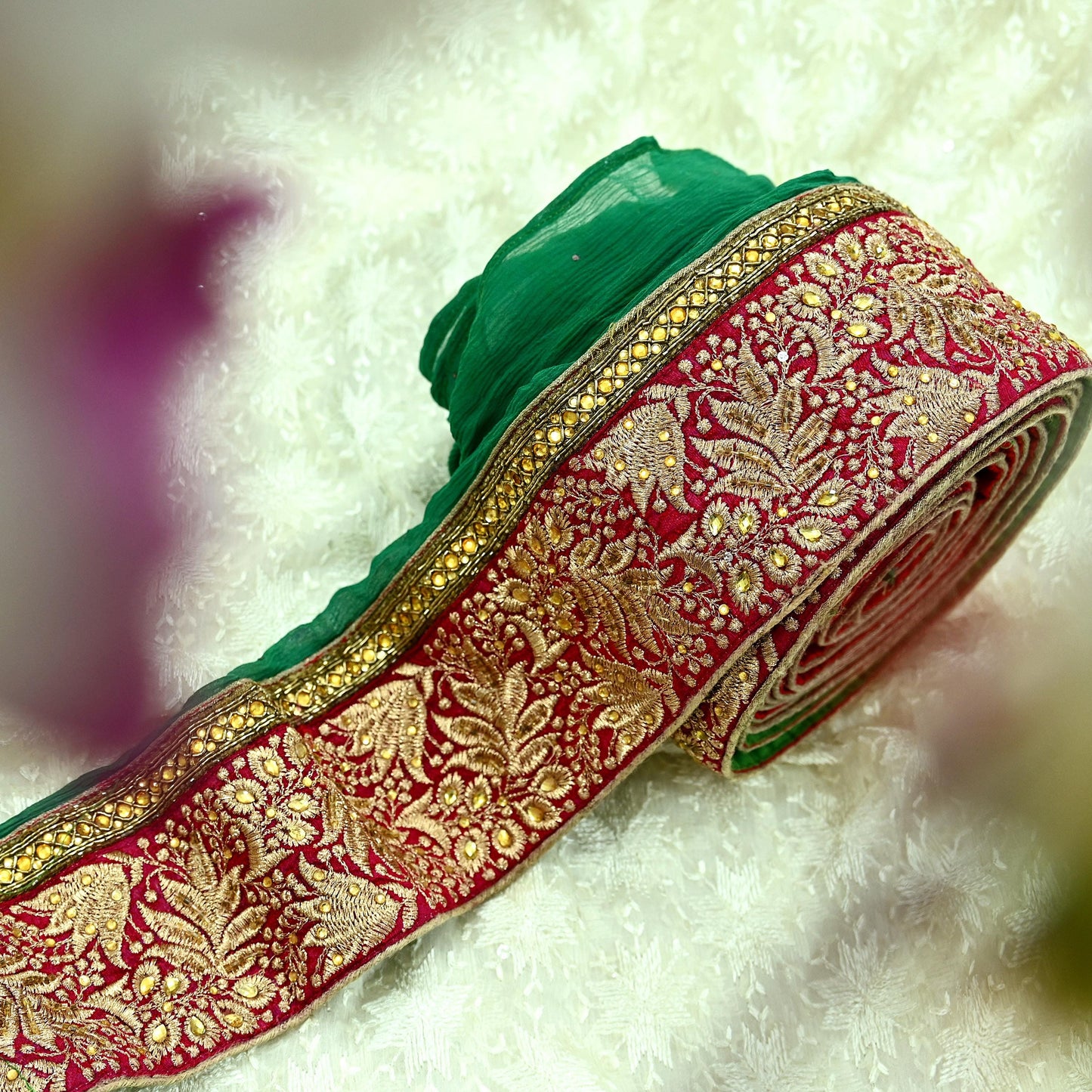 Indian Vintage Green & Maroon Sari Border Hand Embroidered Craft Trim 1Yd Lace Sewing Sari Ribbon Zardozi/Dabka Zari