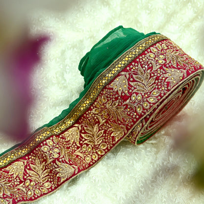 Indian Vintage Green & Maroon Sari Border Hand Embroidered Craft Trim 1Yd Lace Sewing Sari Ribbon Zardozi/Dabka Zari