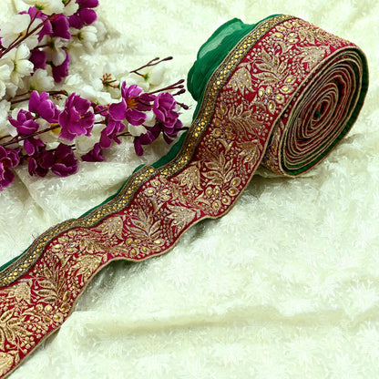 Indian Vintage Green & Maroon Sari Border Hand Embroidered Craft Trim 1Yd Lace Sewing Sari Ribbon Zardozi/Dabka Zari