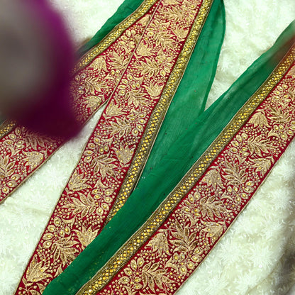 Indian Vintage Green & Maroon Sari Border Hand Embroidered Craft Trim 1Yd Lace Sewing Sari Ribbon Zardozi/Dabka Zari