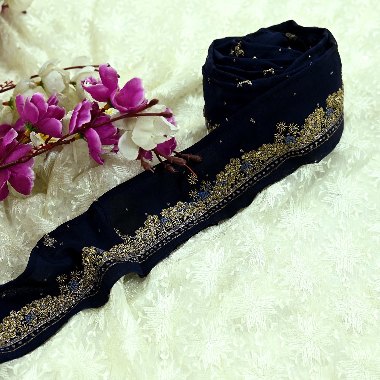 Indian Vintage Blue Sari Border Hand Embroidered Craft Trim 1Yd Lace Sewing Ribbon Pure Crepe silk  Zardozi/Dabka Zari