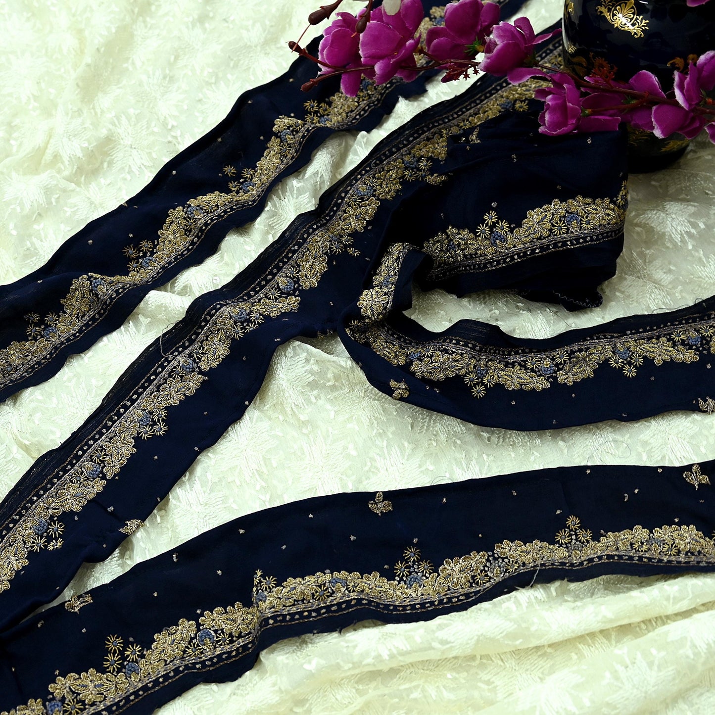 Indian Vintage Blue Sari Border Hand Embroidered Craft Trim 1Yd Lace Sewing Ribbon Pure Crepe silk  Zardozi/Dabka Zari