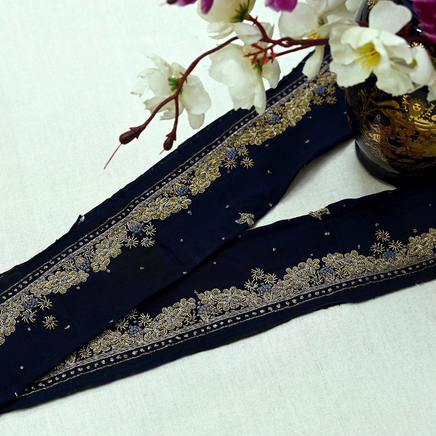 Indian Vintage Blue Sari Border Hand Embroidered Craft Trim 1Yd Lace Sewing Ribbon Pure Crepe silk  Zardozi/Dabka Zari