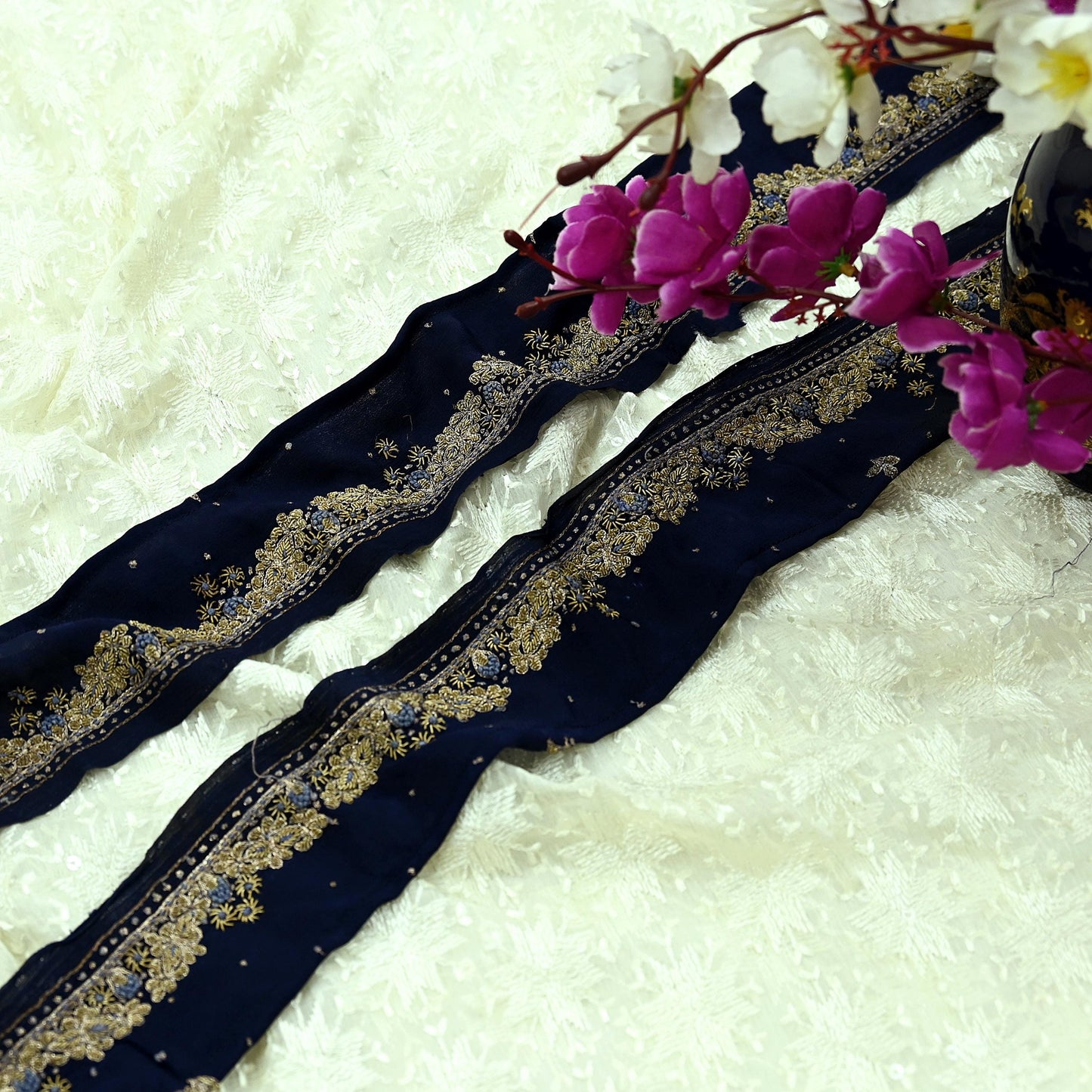 Indian Vintage Blue Sari Border Hand Embroidered Craft Trim 1Yd Lace Sewing Ribbon Pure Crepe silk  Zardozi/Dabka Zari