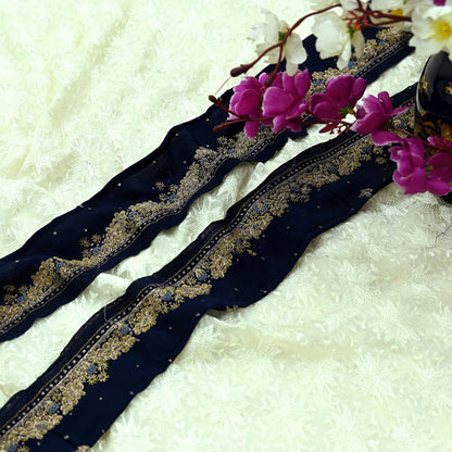 Indian Vintage Blue Sari Border Hand Embroidered Craft Trim 1Yd Lace Sewing Ribbon Pure Crepe silk  Zardozi/Dabka Zari