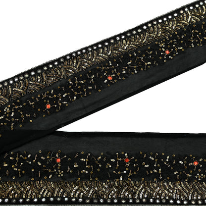 Indian Vintage Black Saree Border Hand Embroidered Craft Trim 1Yd Lace Sewing Pure Georgette Silk Ribbon Recycled Sequins