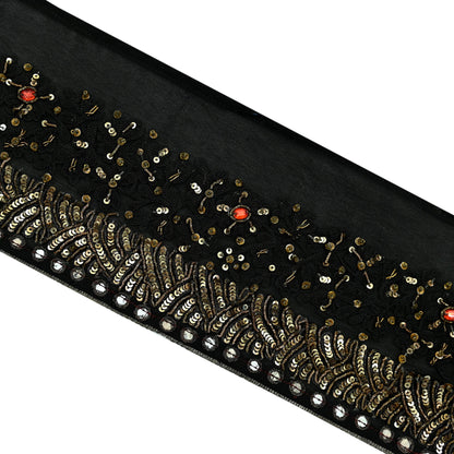Indian Vintage Black Saree Border Hand Embroidered Craft Trim 1Yd Lace Sewing Pure Georgette Silk Ribbon Recycled Sequins