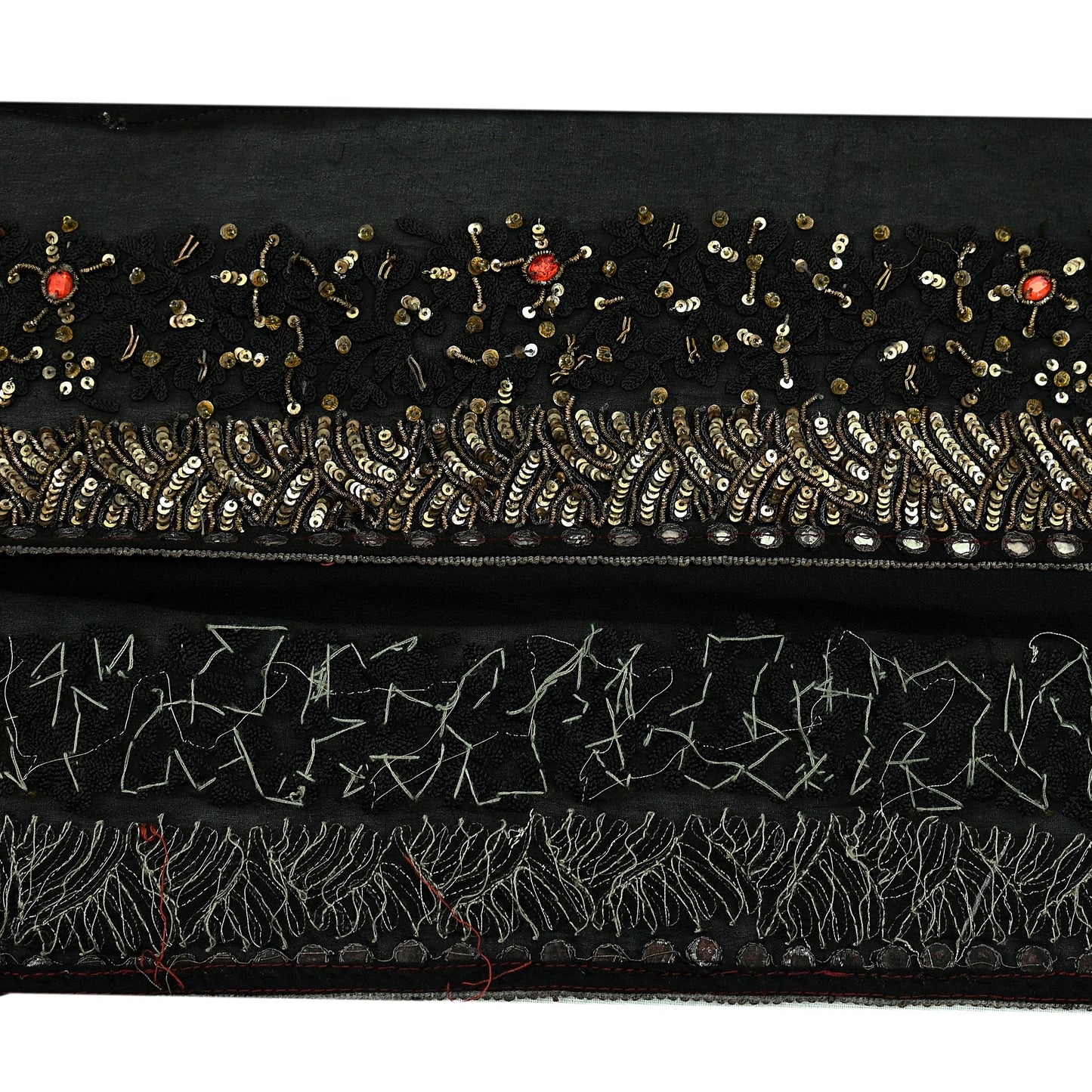 Indian Vintage Black Saree Border Hand Embroidered Craft Trim 1Yd Lace Sewing Pure Georgette Silk Ribbon Recycled Sequins