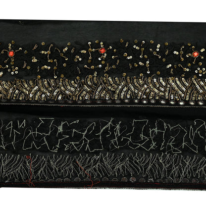 Indian Vintage Black Saree Border Hand Embroidered Craft Trim 1Yd Lace Sewing Pure Georgette Silk Ribbon Recycled Sequins