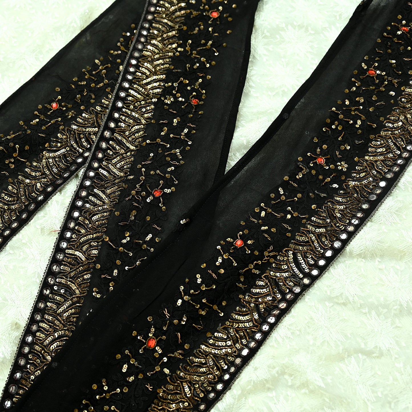 Indian Vintage Black Saree Border Hand Embroidered Craft Trim 1Yd Lace Sewing Pure Georgette Silk Ribbon Recycled Sequins