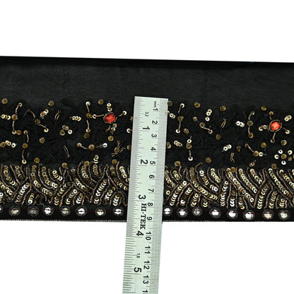 Indian Vintage Black Saree Border Hand Embroidered Craft Trim 1Yd Lace Sewing Pure Georgette Silk Ribbon Recycled Sequins