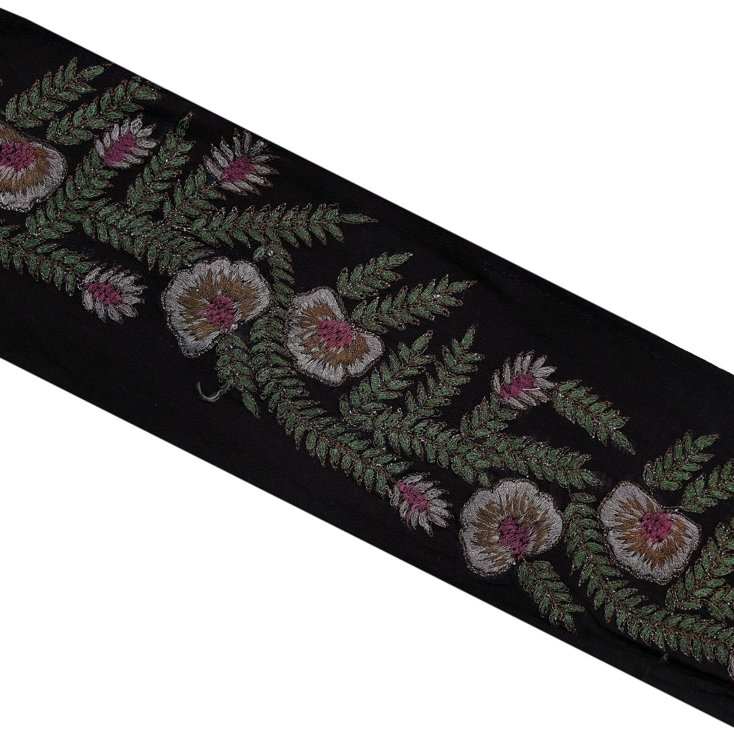 Indian Vintage Black Border Pure Crepe Silk Hand Embroidered Craft Trim 1Yd Lace Sewing Sari Ribbon Recycled Zardozi Dabka