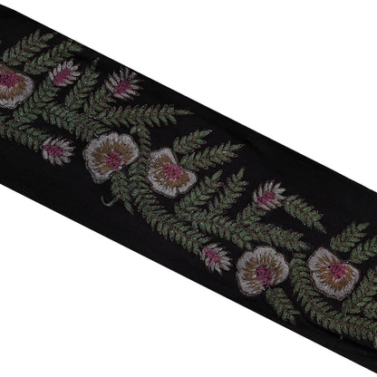 Indian Vintage Black Border Pure Crepe Silk Hand Embroidered Craft Trim 1Yd Lace Sewing Sari Ribbon Recycled Zardozi Dabka