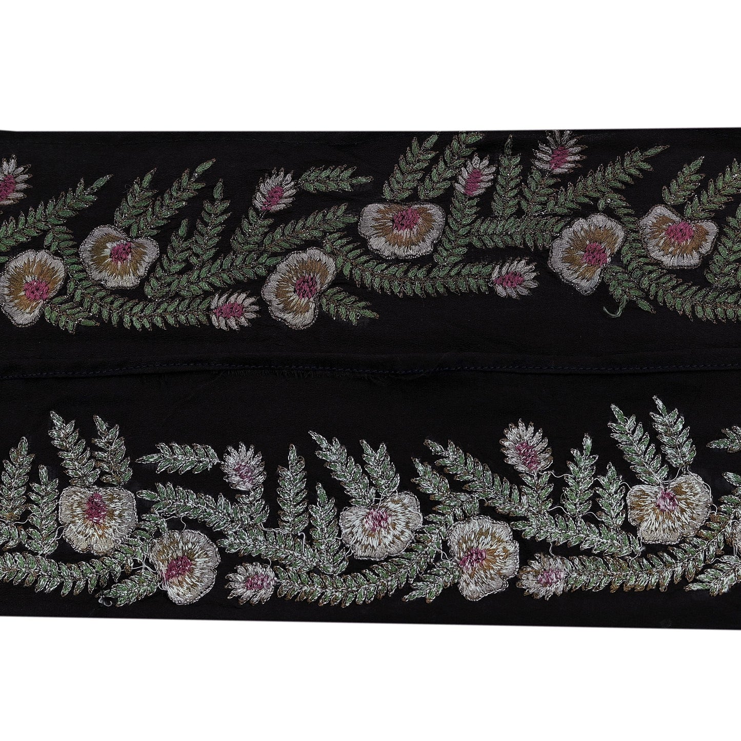 Indian Vintage Black Border Pure Crepe Silk Hand Embroidered Craft Trim 1Yd Lace Sewing Sari Ribbon Recycled Zardozi Dabka