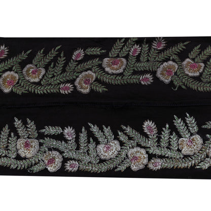 Indian Vintage Black Border Pure Crepe Silk Hand Embroidered Craft Trim 1Yd Lace Sewing Sari Ribbon Recycled Zardozi Dabka