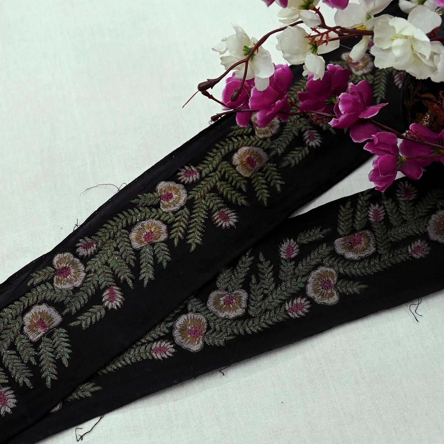 Indian Vintage Black Border Pure Crepe Silk Hand Embroidered Craft Trim 1Yd Lace Sewing Sari Ribbon Recycled Zardozi Dabka