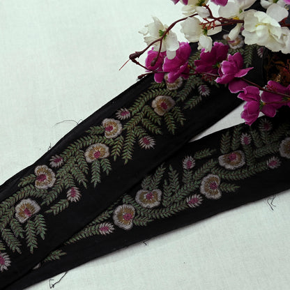 Indian Vintage Black Border Pure Crepe Silk Hand Embroidered Craft Trim 1Yd Lace Sewing Sari Ribbon Recycled Zardozi Dabka