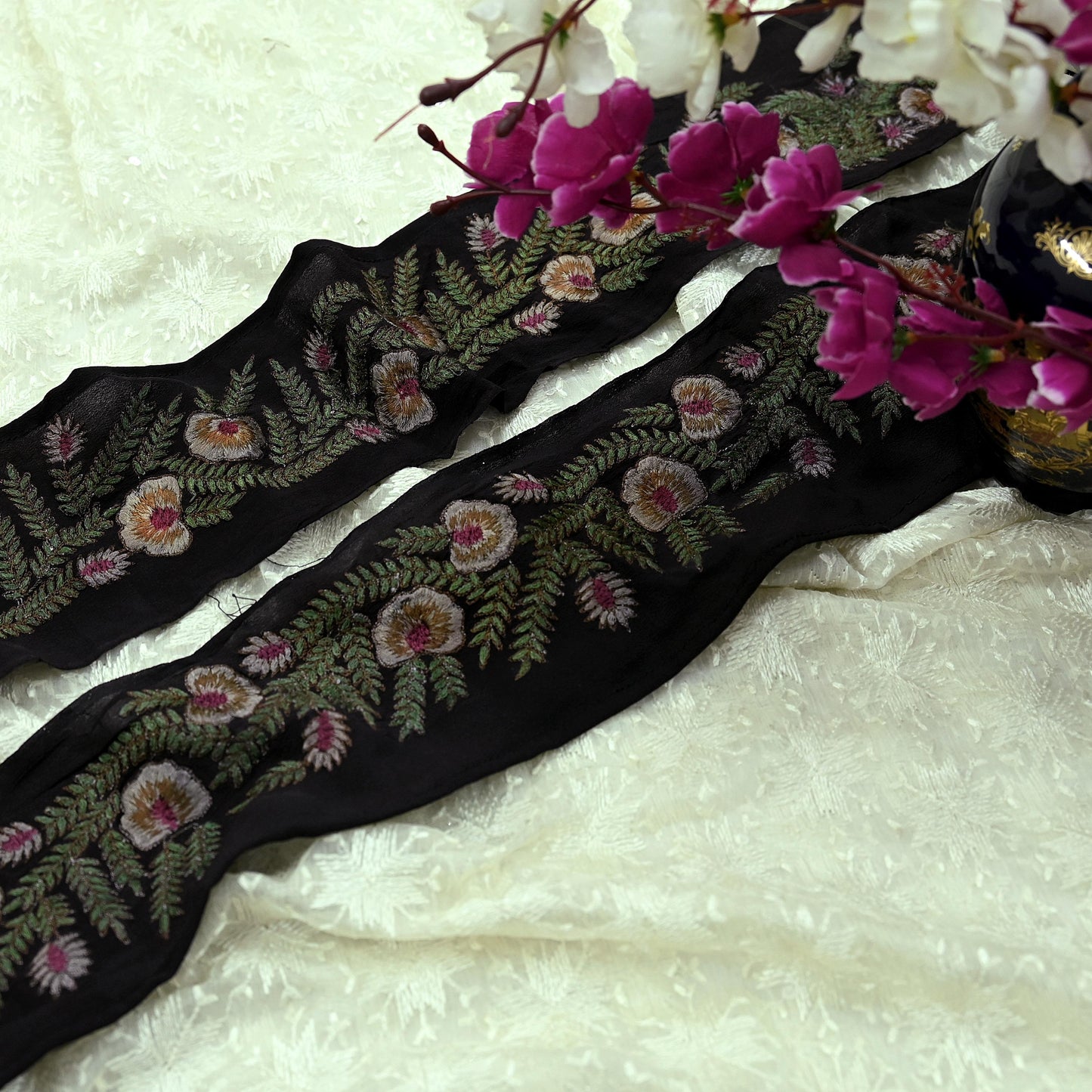 Indian Vintage Black Border Pure Crepe Silk Hand Embroidered Craft Trim 1Yd Lace Sewing Sari Ribbon Recycled Zardozi Dabka