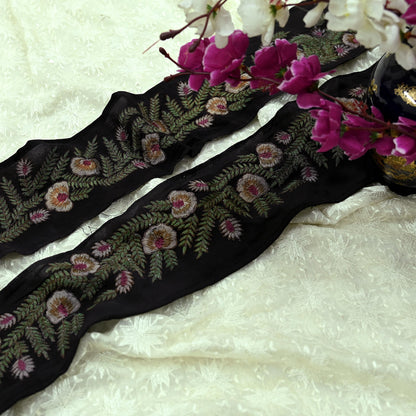 Indian Vintage Black Border Pure Crepe Silk Hand Embroidered Craft Trim 1Yd Lace Sewing Sari Ribbon Recycled Zardozi Dabka