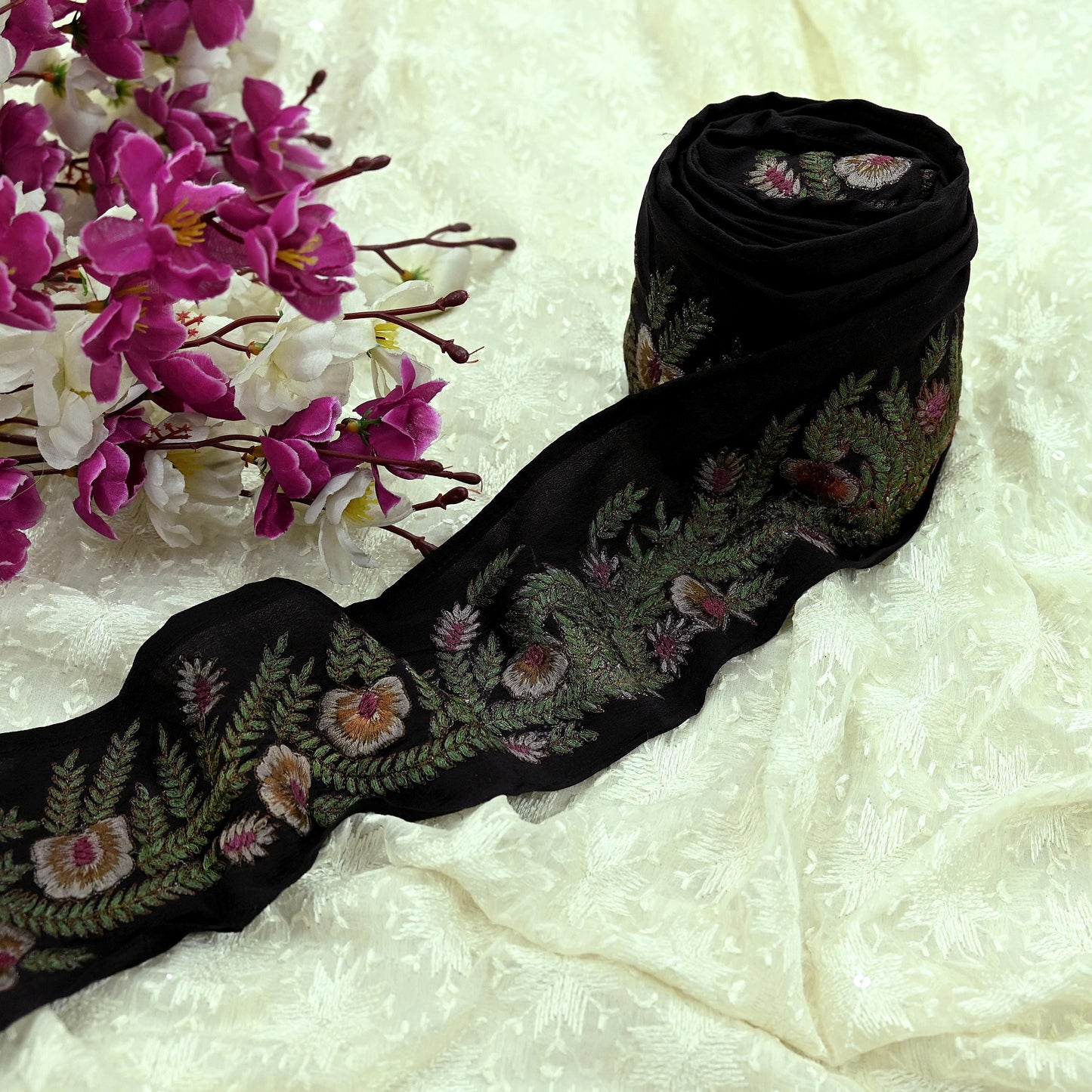 Indian Vintage Black Border Pure Crepe Silk Hand Embroidered Craft Trim 1Yd Lace Sewing Sari Ribbon Recycled Zardozi Dabka