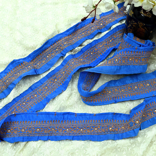 Indian Vintage Blue Border Hand Embroidered Craft Trim Lace Sewing Sari Ribbon Crepe Zari Mirror Decor Gift Wrapped Paisley