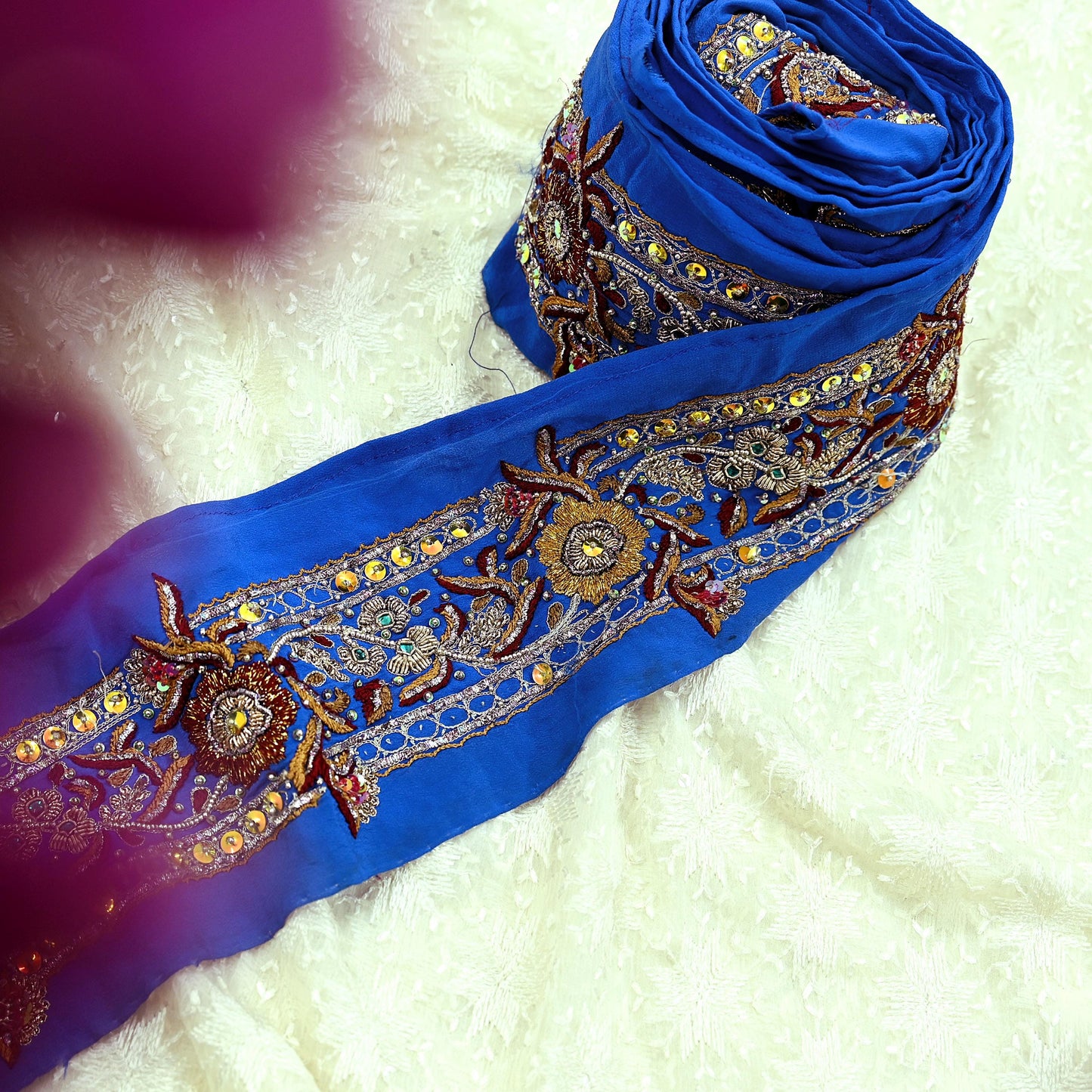 Indian Vintage Blue Sari Border Hand Embroidered Craft Trim 1Yd Lace Sewing Sari Ribbon Pure Crepe silk  Zardozi/Dabka Zari