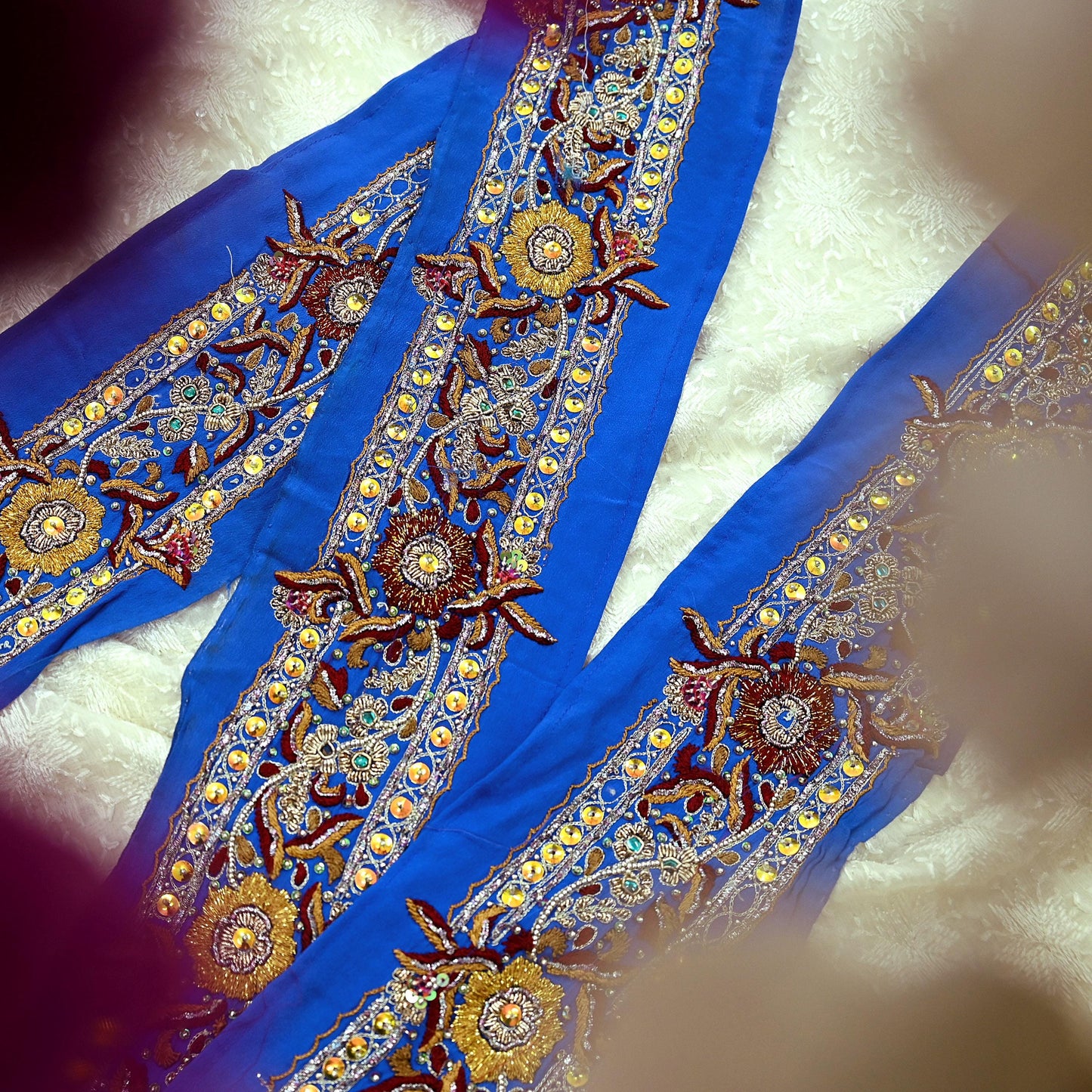 Indian Vintage Blue Sari Border Hand Embroidered Craft Trim 1Yd Lace Sewing Sari Ribbon Pure Crepe silk  Zardozi/Dabka Zari