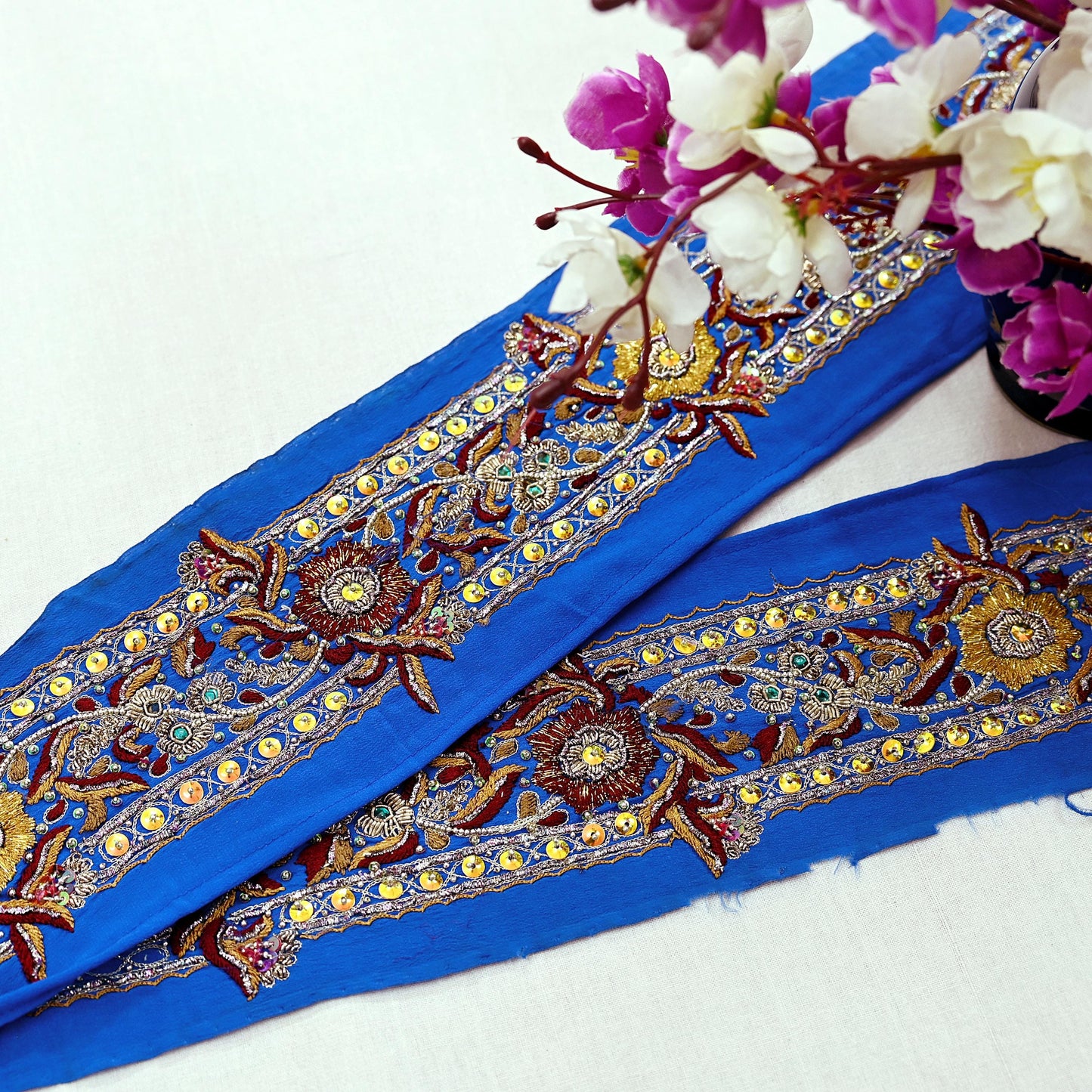 Indian Vintage Blue Sari Border Hand Embroidered Craft Trim 1Yd Lace Sewing Sari Ribbon Pure Crepe silk  Zardozi/Dabka Zari