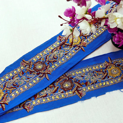 Indian Vintage Blue Sari Border Hand Embroidered Craft Trim 1Yd Lace Sewing Sari Ribbon Pure Crepe silk  Zardozi/Dabka Zari