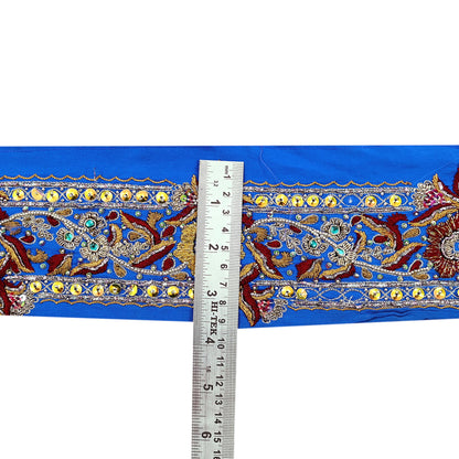Indian Vintage Blue Sari Border Hand Embroidered Craft Trim 1Yd Lace Sewing Sari Ribbon Pure Crepe silk  Zardozi/Dabka Zari