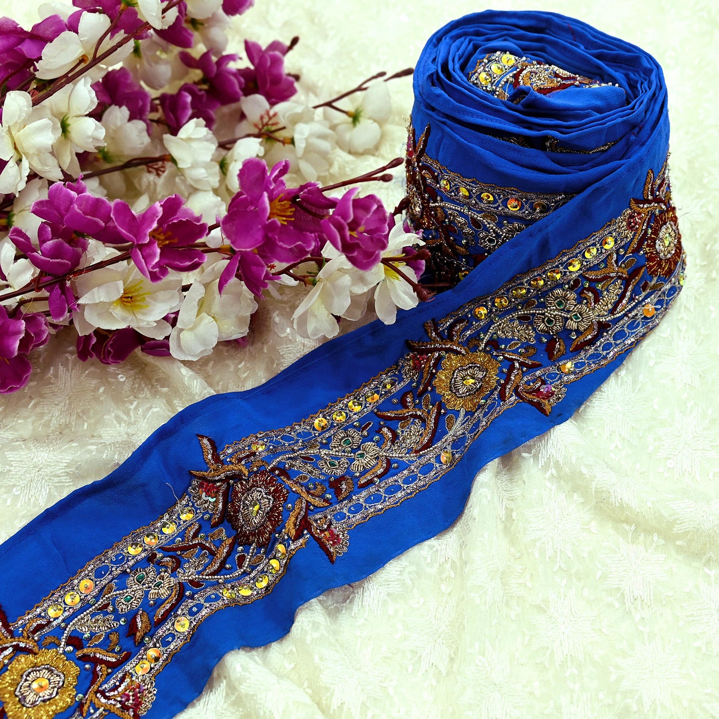 Indian Vintage Blue Sari Border Hand Embroidered Craft Trim 1Yd Lace Sewing Sari Ribbon Pure Crepe silk  Zardozi/Dabka Zari