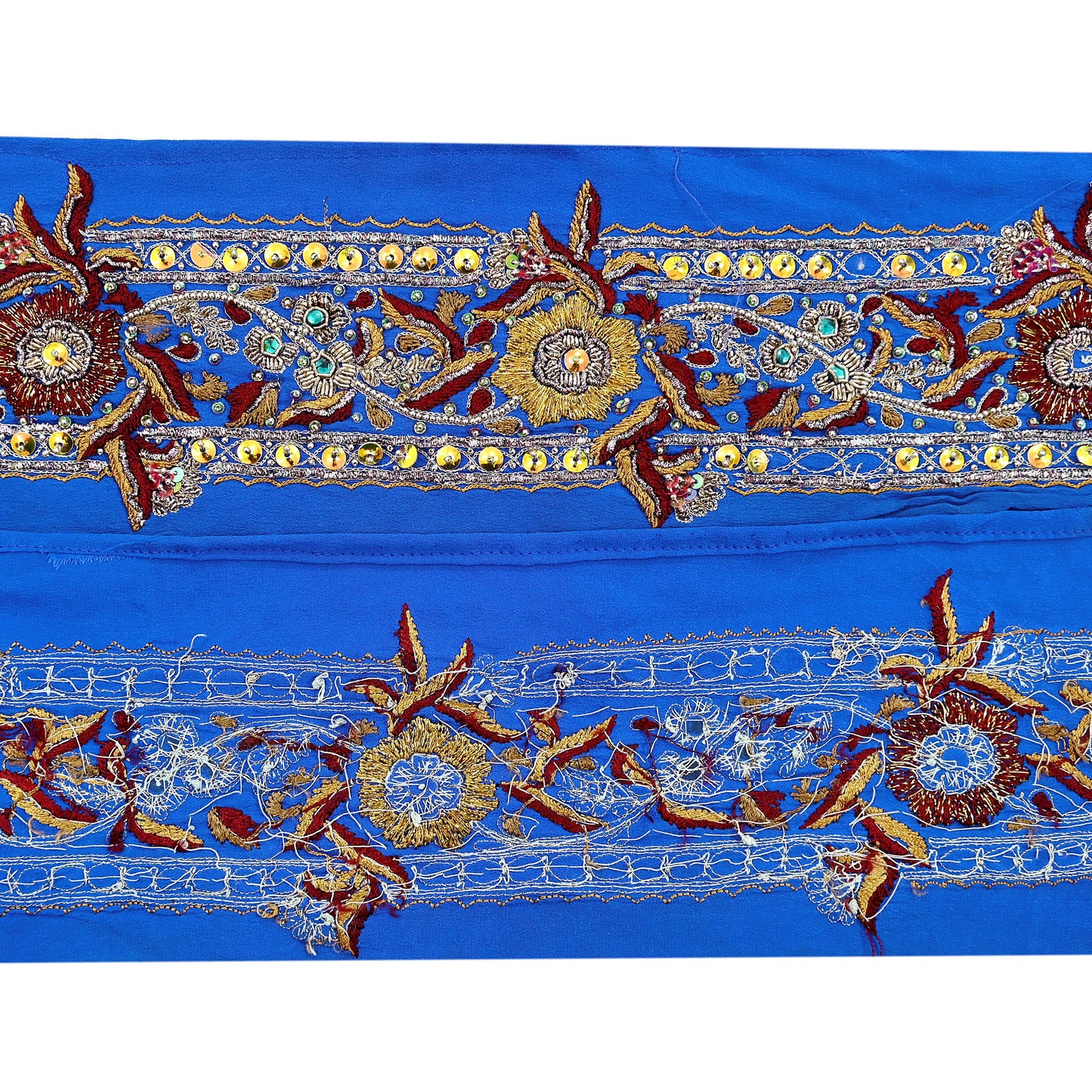 Indian Vintage Blue Sari Border Hand Embroidered Craft Trim 1Yd Lace Sewing Sari Ribbon Pure Crepe silk  Zardozi/Dabka Zari